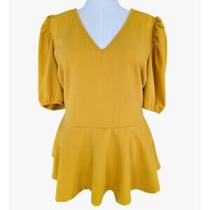 1X Women's Yellow Peplum Top NWT V-Neck Puff Sleeve Textured Knit Blouse